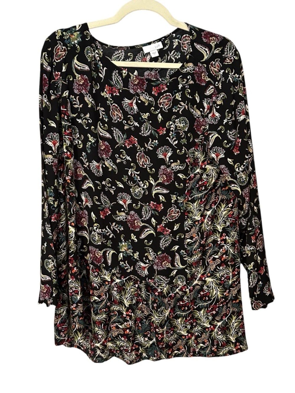 J.Jill Peplum Floral Long Sleeve Tunic Top Black Multi Sz L Roomy Breezy Swingy